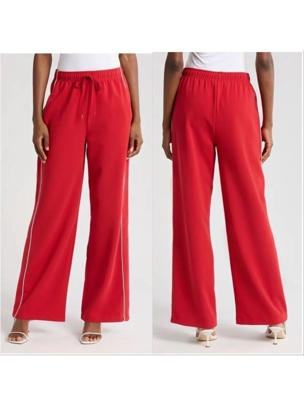 NEW WAYF Womens London Track Pant Red with White Pipping Wide Leg